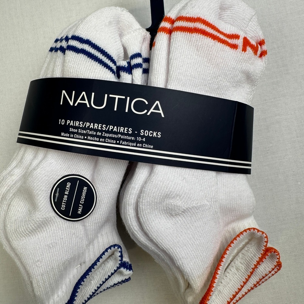 Nautica 10 Pair Low Cut Socks Cotton Blend Cushion White Kids 10-4